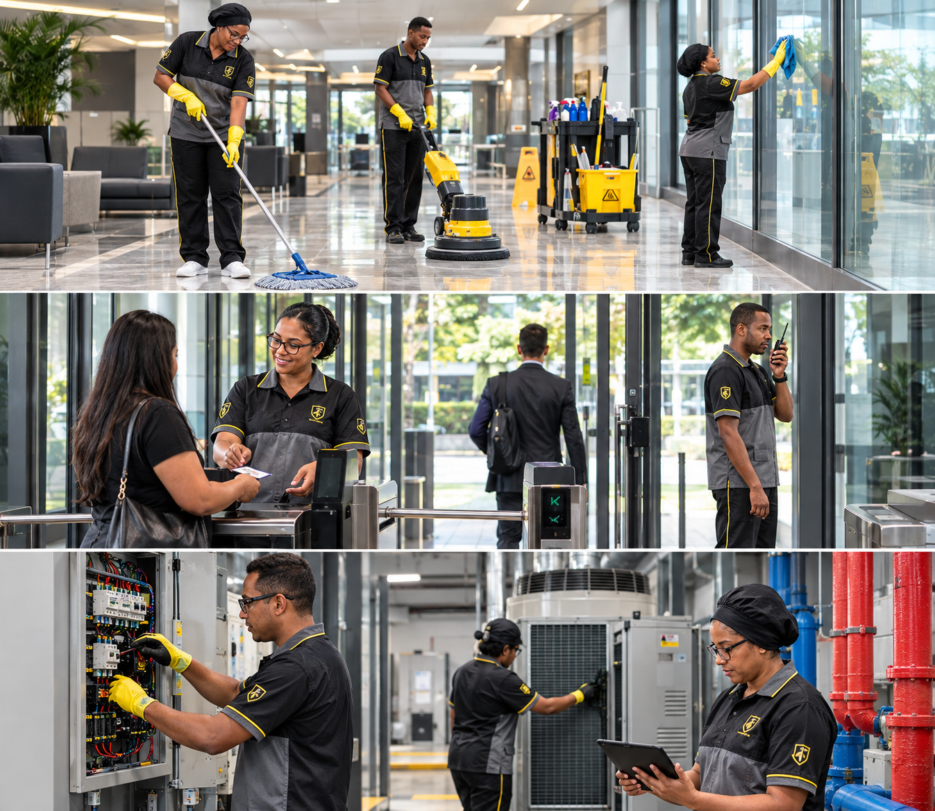 Equipe do Grupo Galileu uniformizada em limpeza, recepção, controle de acesso e manutenção predial